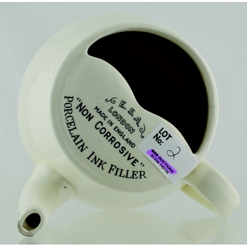 2 - PORCELAIN INK FILLER. 5ins, white with black lettering, handled, inmanufacture repairs to body ? rep... 