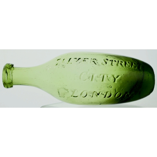 557 - DE. GRUCHY SODA WATER HAMILTON. 7.5ins long. Variating green glass, unusual flat, pontilled, bottom,... 