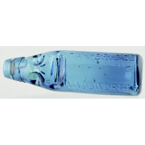 560 - WADSWORTH BLUE CODD BOTTLE. 7ins tall. Cobalt blue, 6oz codd bottle. Heavily embossed WADSWORTHS/ MI... 