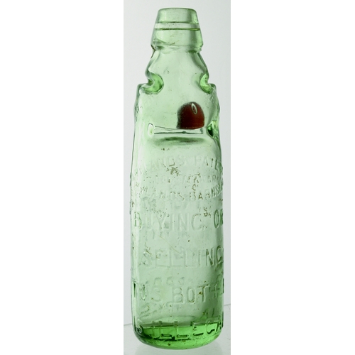 564 - R WHITES AMBER MARBLE CODD BOTTLE. 9ins tall. Aqua glass 10oz codd, 2 neck retaining lugs, amber mar... 