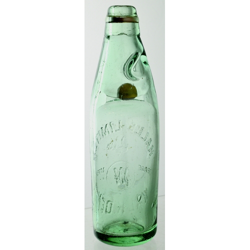 569 - WALKDEN CODD BOTTLE. 9ins tall. Aqua glass, 10oz codd, 2 retaining neck lugs, amber marble. Heavily ... 