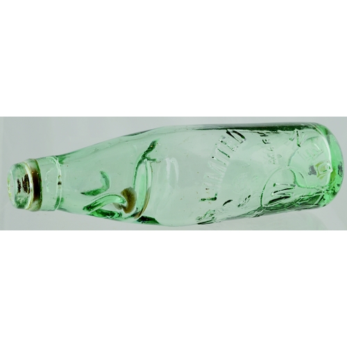 569 - WALKDEN CODD BOTTLE. 9ins tall. Aqua glass, 10oz codd, 2 retaining neck lugs, amber marble. Heavily ... 