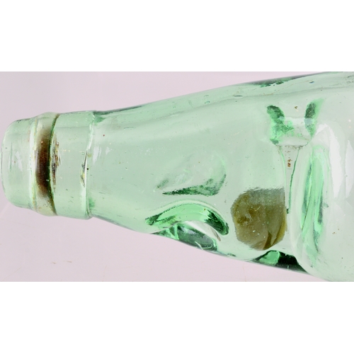 569 - WALKDEN CODD BOTTLE. 9ins tall. Aqua glass, 10oz codd, 2 retaining neck lugs, amber marble. Heavily ... 