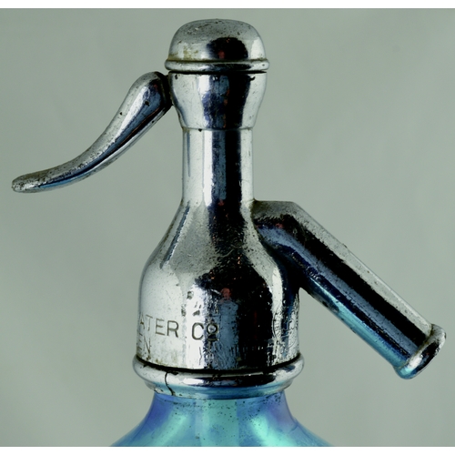 571 - HENLEY IN ARDEN SODA SYPHON. 13ins tall to top of trigger. Blue glass, multi-facetted body, acid etc... 