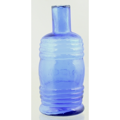 573 - TEMPLE BARREL INK. 3.75ins tall. Mid cobalt blue glass, hooped barrel shape, sheared lip. Full of bo... 