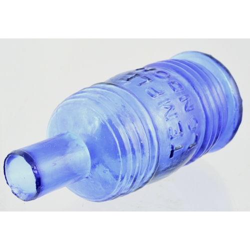 573 - TEMPLE BARREL INK. 3.75ins tall. Mid cobalt blue glass, hooped barrel shape, sheared lip. Full of bo... 