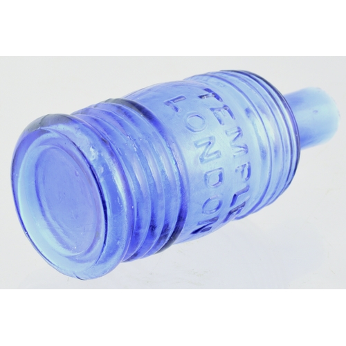 573 - TEMPLE BARREL INK. 3.75ins tall. Mid cobalt blue glass, hooped barrel shape, sheared lip. Full of bo... 