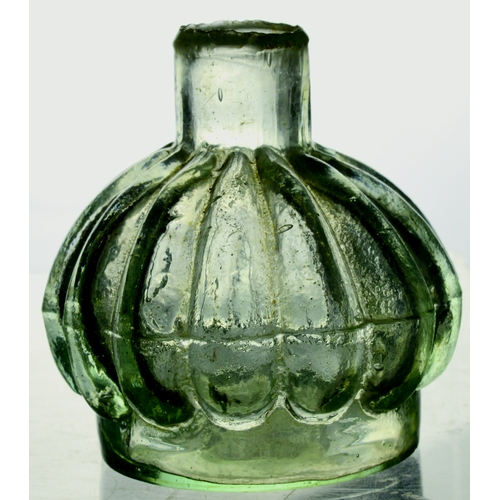 576 - PUMPKIN INK. 2.25ins tall. Aqua glass pumpkin ink, sheared lip. Very good. (10/10) NR £30-40+ (GJSC)