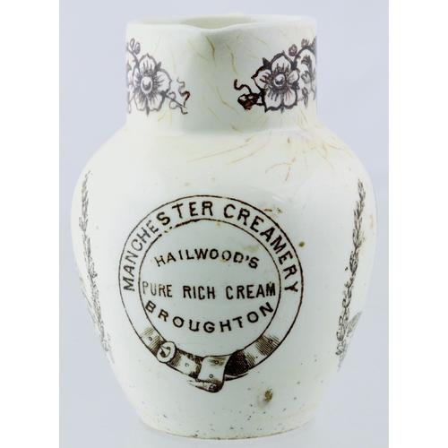 587 - MANCHESTER CREAM JUG. 3.5ins tall. Sepia transfer, rear handle, portraits of Queen Victoria either s... 