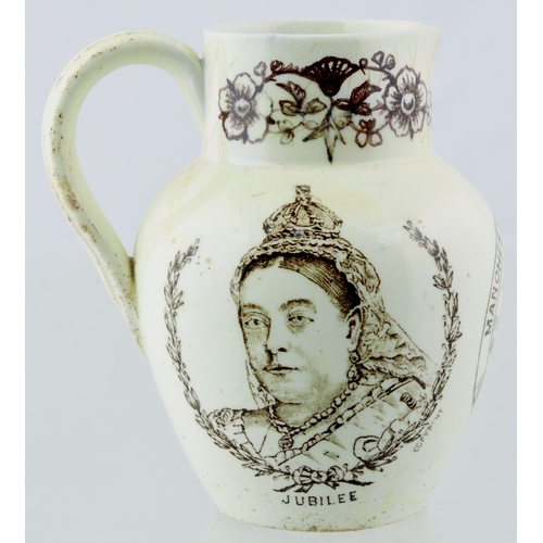 587 - MANCHESTER CREAM JUG. 3.5ins tall. Sepia transfer, rear handle, portraits of Queen Victoria either s... 