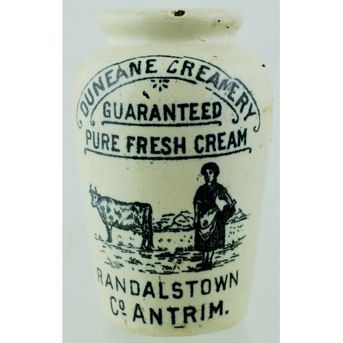 588 - CO ANTRIM CREAM POT. 4.5ins tall. Strong black pict. transfer, dairymaid & cow, for DUNEANE CREAMERY... 