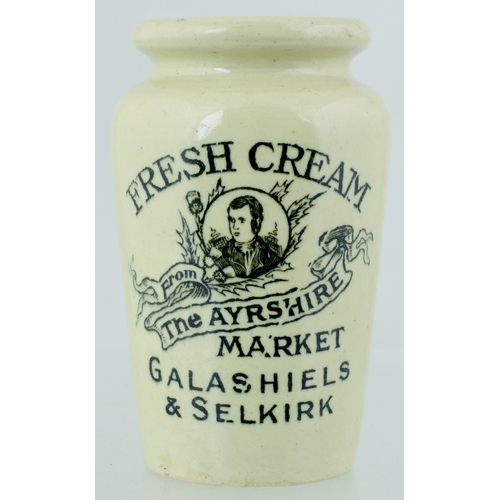 589 - GALASHIELS & SELKIRK CREAM POT. 4.25ins tall. Crisp black pict. transfer for FRESH CREAM/ FROM/ THE ... 