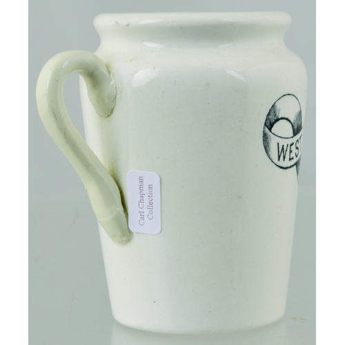 592 - LONDON CREAM JUG. 3.5ins tall. Black transfer, rear handle WEST LONDON COMPANY/ DAIRY within ribbon ... 