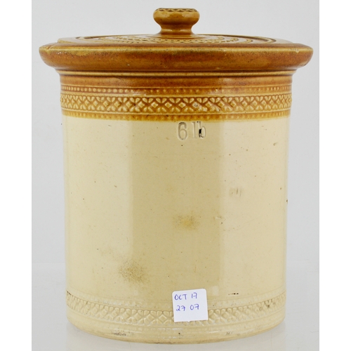 595 - MACSYMON BUTTERCROCK. 7.25ins tall. Tan top & lid, wheeled decoration, strong black transfer MACSYMO... 