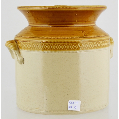 596 - EDINBURGH BUTTERCROCK. 7ins tall. Tan top & lid, wheeled decoration, black transfer THE PROFESSIONAL... 