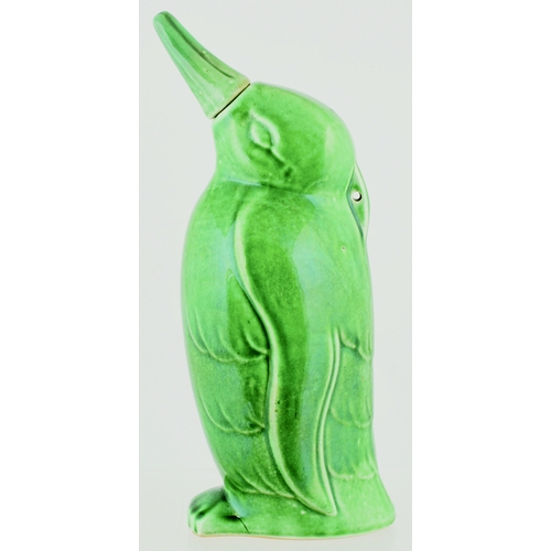 599 - PENGUIN SHAPED VELRAY POTTERY HOT WATER BOTTLE. 11ins tall. Green glaze, modelled as an upright Peng... 