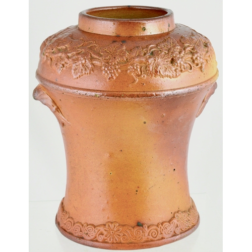 611 - EARLY TOBACCO JAR. 10.5ins tall. Warm mid variating brown salt glaze. Sprigged mouldings all round i... 