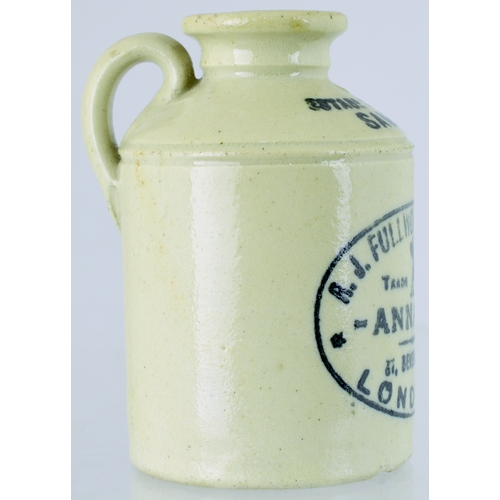 616 - CONDIMENT SAMPLE BOTTLE. 2.5ins tall. Flagon shape, rear handle, all white glaze, black transfer R.J... 