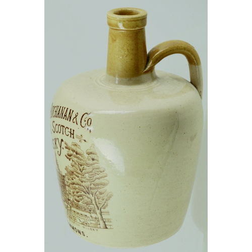 624 - JAMES BUCHANAN WHISKY JUG. (WG p 34) 7.75ins tall. Tan neck handle to rear, brown/ sepia detailed tr... 