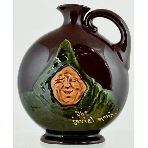 639 - THE JOVIAL MONK KINGSWARE FLASK. (JL p 30) 7ins tall. Round flattened flask, side handle with The Jo... 