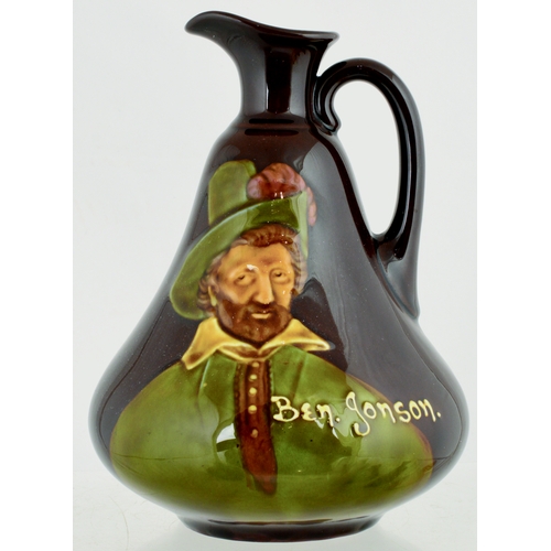 640 - BEN JONSON KINGSWARE FLASK. (JL p 20) 7.25ins tall. Pear shape flask, side handle, image of Ben Jons... 