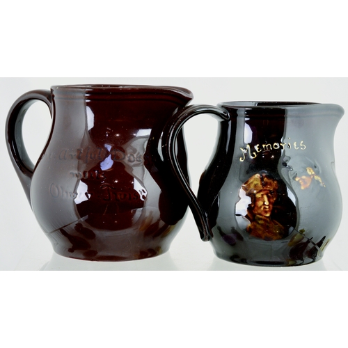 641 - KINGSWARE JUG DUO. Tallest 5ins. Rear handles, one with image The Artful Doger & Oliver Twist & othe... 