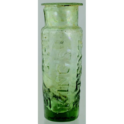 656 - PONTILLED CEPHALIC SNUFF BOTTLE. 3.25ins tall. Dark aqua glass cylinder, wide neck with distinctive,... 