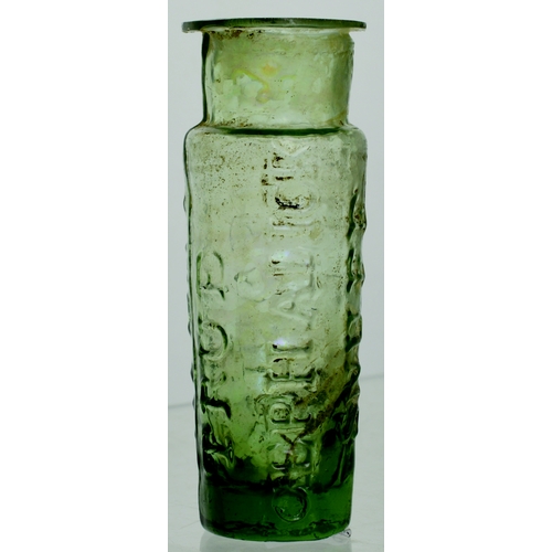 656 - PONTILLED CEPHALIC SNUFF BOTTLE. 3.25ins tall. Dark aqua glass cylinder, wide neck with distinctive,... 