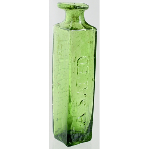 657 - A SAFED JERUSALEM BOTTLE. 3.7ins tall. Early medicine (?) Mid olive green glass, square section shor... 