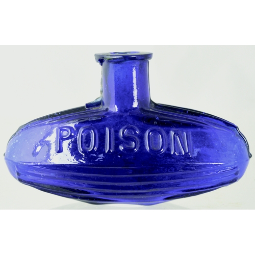 675 - SUBMARINE POISON BOTTLE. (DP p 24) 2.5ins tall. Cobalt blue glass, embossed POISON to front REGISTER... 