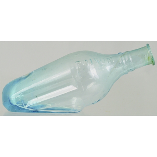 676 - QUINES POISON BOTTLE. (DP p 34) 5.75ins long. Ice blue glass, embossed POISON either side neck area ... 