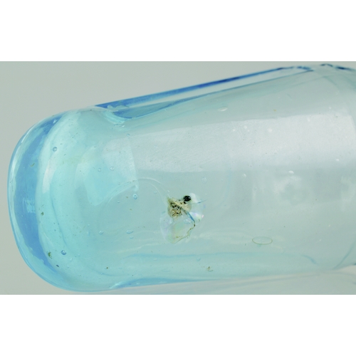 676 - QUINES POISON BOTTLE. (DP p 34) 5.75ins long. Ice blue glass, embossed POISON either side neck area ... 