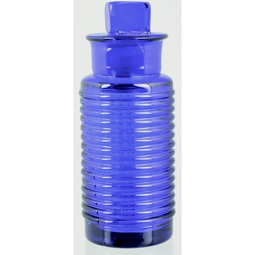 680 - POISON SHOP ROUND. 4.75 ins tall to top of stopper. Cobalt blue glass, cylindrical shape with horizo... 