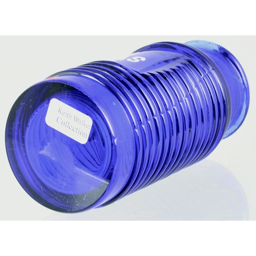 680 - POISON SHOP ROUND. 4.75 ins tall to top of stopper. Cobalt blue glass, cylindrical shape with horizo... 