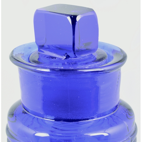 680 - POISON SHOP ROUND. 4.75 ins tall to top of stopper. Cobalt blue glass, cylindrical shape with horizo... 