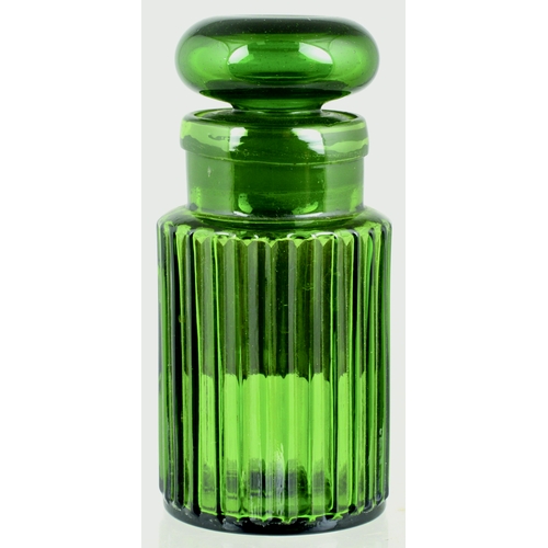 681 - PHARMACY CHEMIST BOTTLE. 4.5ins tall to top of domed stopper. Green glass, vertically ribbed, POISON... 