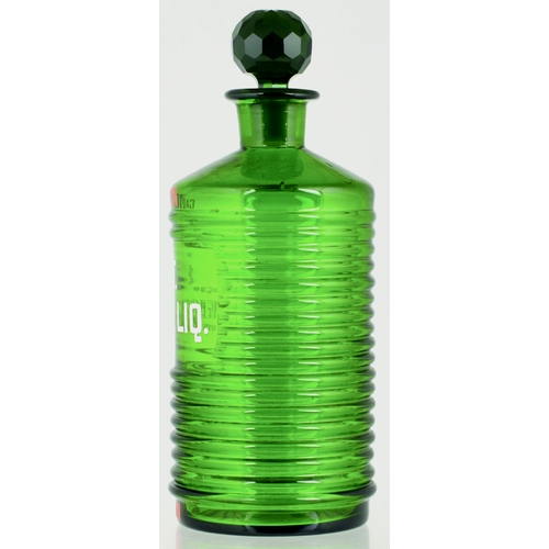 682 - POISON SHOP ROUND. 10.25ins tall to top of cut glass stopper. Green glass, horizontal ribbing, ename... 