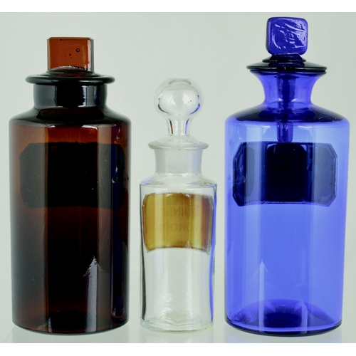 683 - PHARMACY CHEMIST BOTTLE TRIO. Tallest 8ins. Amber glass, label under glass reads PULV:/ FOENICULI. C... 