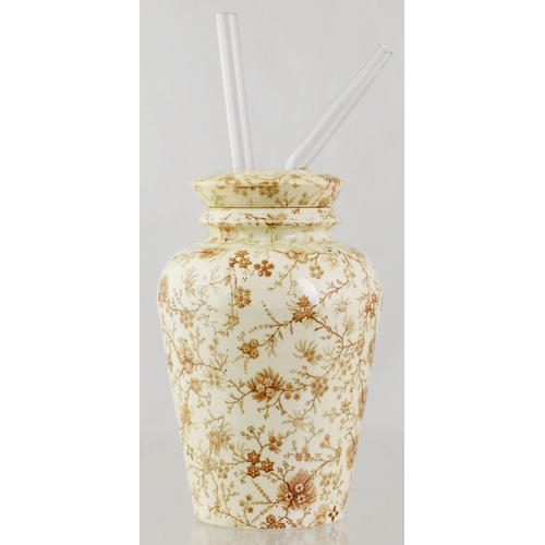 685 - HOCKINS ACME INHALER. 5.5ins tall to top of lid, two inhilations tubes to centre. Sepia floral decor... 