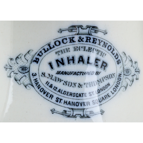 688 - BULLOCK & REYNOLDS INHALER. 8ins tall. Off white glaze, decorative dark blue transfer BULLOCK & REYN... 