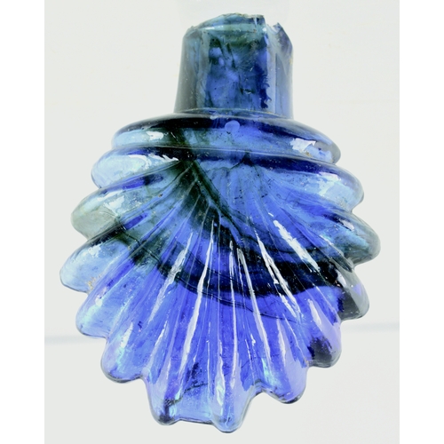 695 - PERFUMES DUO. Tallest 2.5ins. Cobalt blue & aqua glass, sheared lips, 2 different embossed designs. ... 