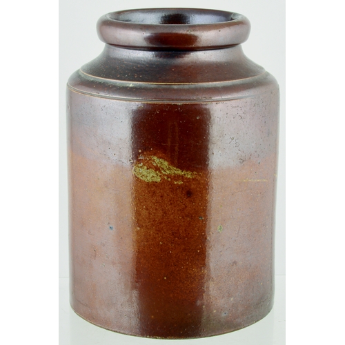 704 - NANTWICH CHEMISTS JAR. 10ins tall. Wide mouthed, variating dark tan salt glaze, front impressed ISSA... 