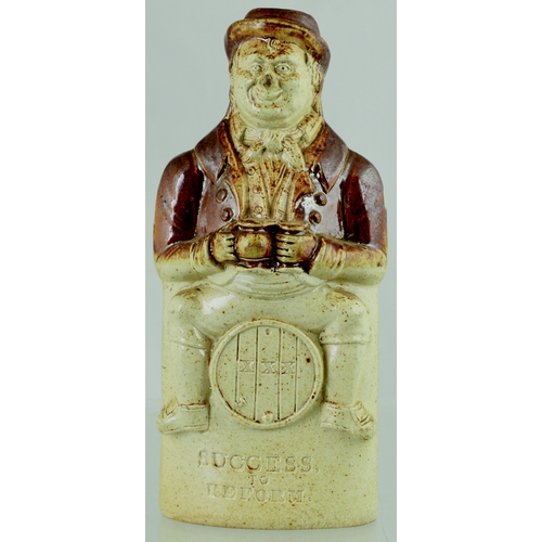 724 - MAN ON BARREL REFORM FLASK. (Reform Flask, AB p 28) 8ins tall. T.t, salt glaze formed of man sat ato... 