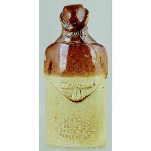 724 - MAN ON BARREL REFORM FLASK. (Reform Flask, AB p 28) 8ins tall. T.t, salt glaze formed of man sat ato... 