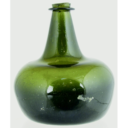 728 - SHAFT & GLOBE WINE BOTTLE. 6.5ins tall. Variating green glass, tapering neck, round body shape, wide... 