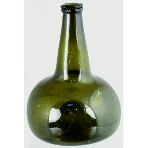 731 - DUTCH ONION WINE BOTTLE. 8ins tall. Olive green glass, long tapering neck, large characterful bubble... 