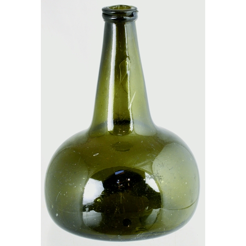 731 - DUTCH ONION WINE BOTTLE. 8ins tall. Olive green glass, long tapering neck, large characterful bubble... 