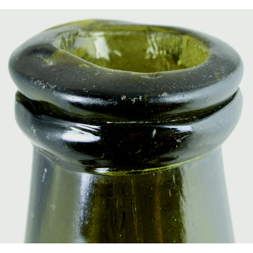 731 - DUTCH ONION WINE BOTTLE. 8ins tall. Olive green glass, long tapering neck, large characterful bubble... 