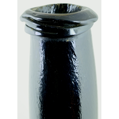 732 - SEALED CYLINDER WINE BOTTLE. 10.5ins tall. Very dark olive green glass, applied string rim lip, fron... 