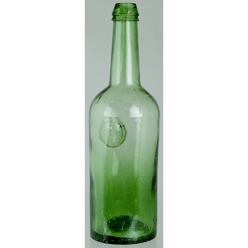 734 - BRISTOL PATENT SEALED CYLINDER WINE BOTTLE. 11.5ins tall. Very dark aqua glass, long tapering neck, ... 